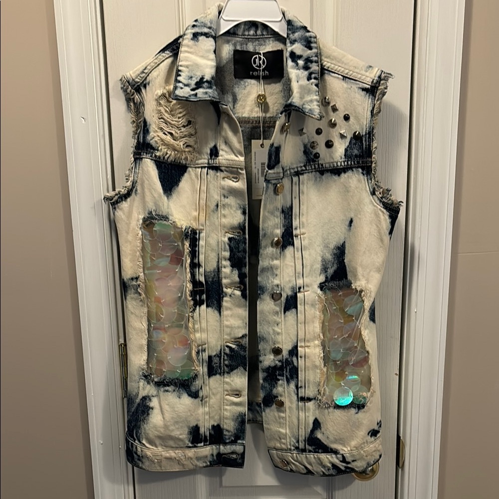 Relish Denim Vest with Studs and Tie-Dye